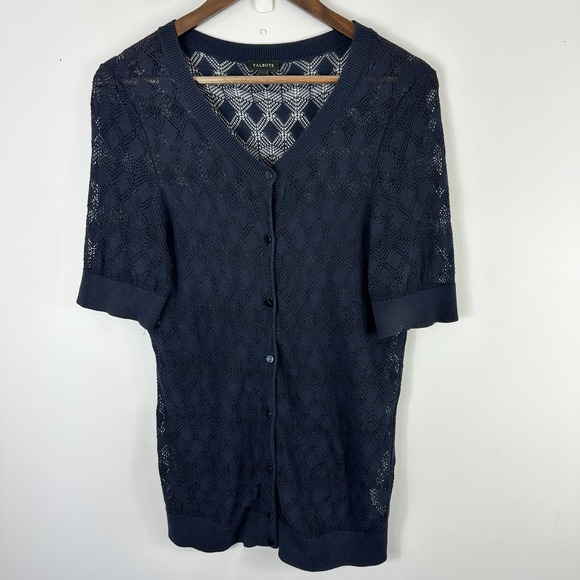 Talbots Sweaters - Talbots Pointelle Open Knit Short Sleeve Cardigan Womens Medium Blue Capsule
